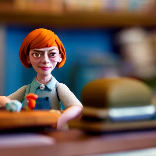 Prompt: a cinematic film still of a claymation stop motion film starring emma stone as shopkeeper, shallow depth of field, 8 0 mm, f 1. 8