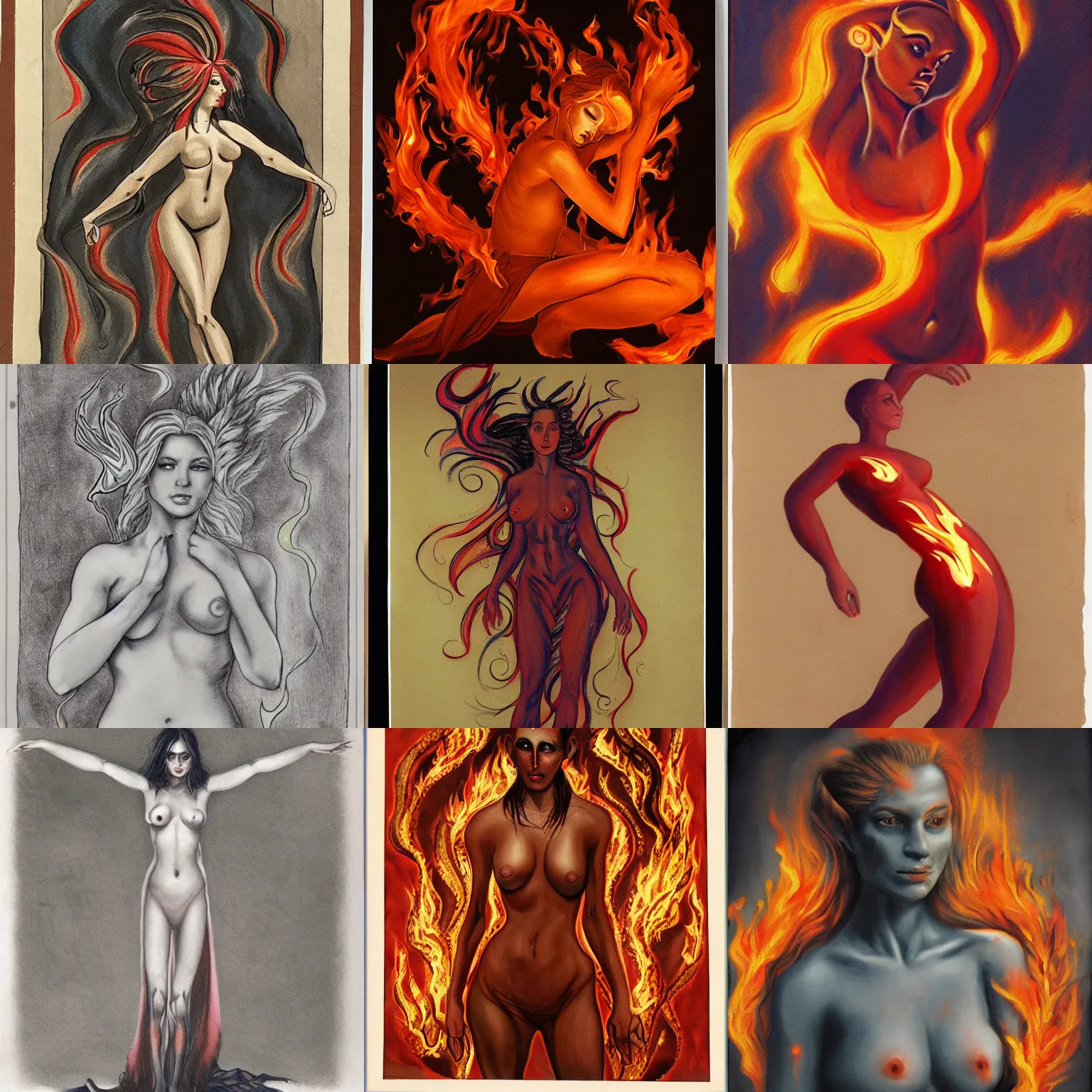 Prompt: female form composed of realistic fire, djinn,