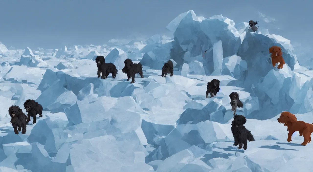 Image similar to havanese dogs and arctic explorers, crossing glaciers, 1 9 0 0, tartakovsky, atey ghailan, goro fujita, studio ghibli, rim light, harsh midday lighting, clear focus, very coherent