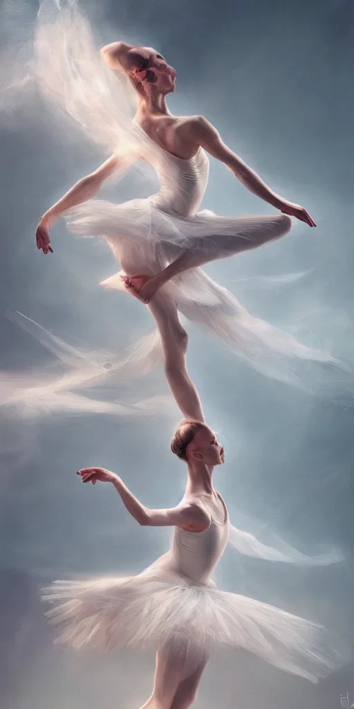 Image similar to prima ballerina dancing in the wind, beautiful, athena, ethereal, gorgeous, volumetric lighting, elegant, fluid, highly detailed, digital painting, concept art, highly detailed, smooth, illustration, limited color palette, atmosphere and tension, trending on artstation