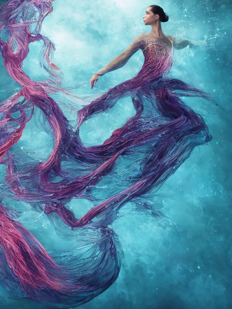 Prompt: a beautiful hyperdetailed rendering of a extremely cohesive underwater ballerina lyrical dancer with extremely long flowy dress like a beta fish fins, weightless, flowy, deep color, fine bubbles, cryengine, 8 k, extreme detail, realism, realistic, surrealist, full subject in frame and view, epic scale ultrawide angle, aquasixio