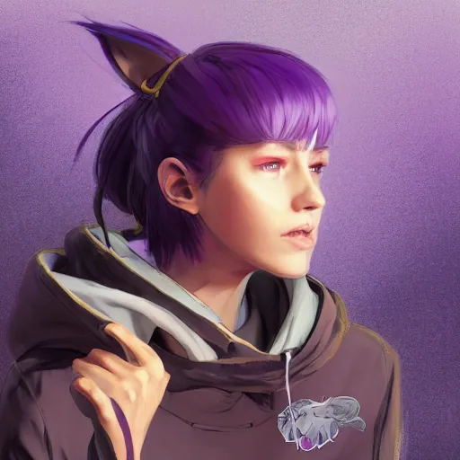 Image similar to a pale skinny young girl with purple hair, the hime cut, 1 8, in a black hoodie, and a cat, apex legends character, digital illustration portrait design, by android jones and greg rutkowski, retrowave color scheme, detailed, cinematic lighting, wide angle action dynamic portrait