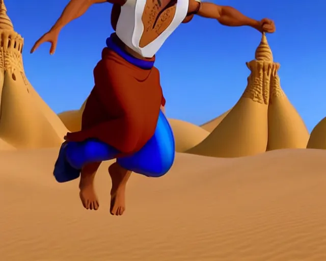 Image similar to a brown man aladdin floating on a magical carpet ride over the arabic desert. realistic 16k footage.