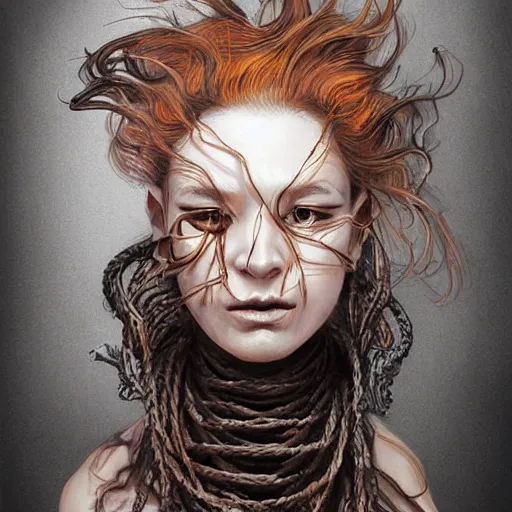 Image similar to portrait of a Shibari rope wrapped face and neck, headshot, insanely nice professional hair style, dramatic hair color, digital painting, of a old 17th century, old cyborg merchant, amber jewels, baroque, ornate clothing, scifi, realistic, hyperdetailed, chiaroscuro, concept art, art by Franz Hals and Jon Foster and Ayami Kojima and Amano and Karol Bak,