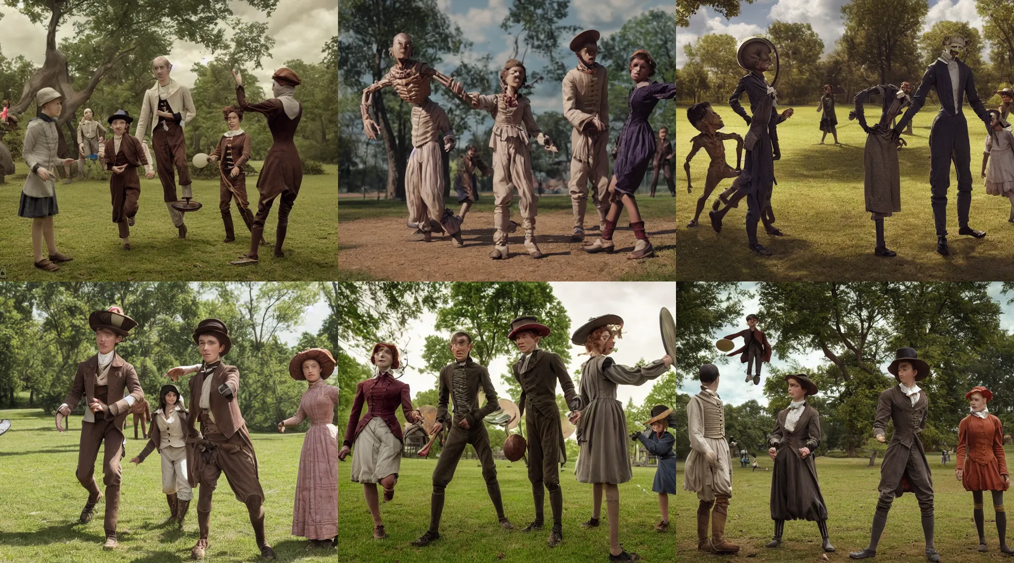 Prompt: detailed, sharp, a human boy and a human girl playing frisbee with a humanoid alien boy and a humanoid alien girl, wearing 1850s era clothes, in a park on an alien planet, extremely highly detailed, highly detailed faces, 70 mm still from a period sci fi color movie, 4k, HD, cinematic lighting