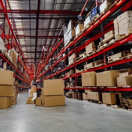 Prompt: a picture of a warehouse full of boxes but all boxes are red