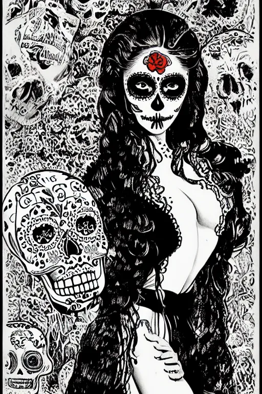 Image similar to Illustration of a sugar skull day of the dead girl, art by virgil finlay