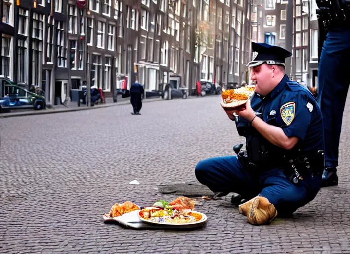 Prompt: closeup portrait of a fat police officer eating from the ground in an amsterdam street, natural light, sharp, detailed face, magazine, press, photo. steve mccurry, david lazar, canon, nikon, focus