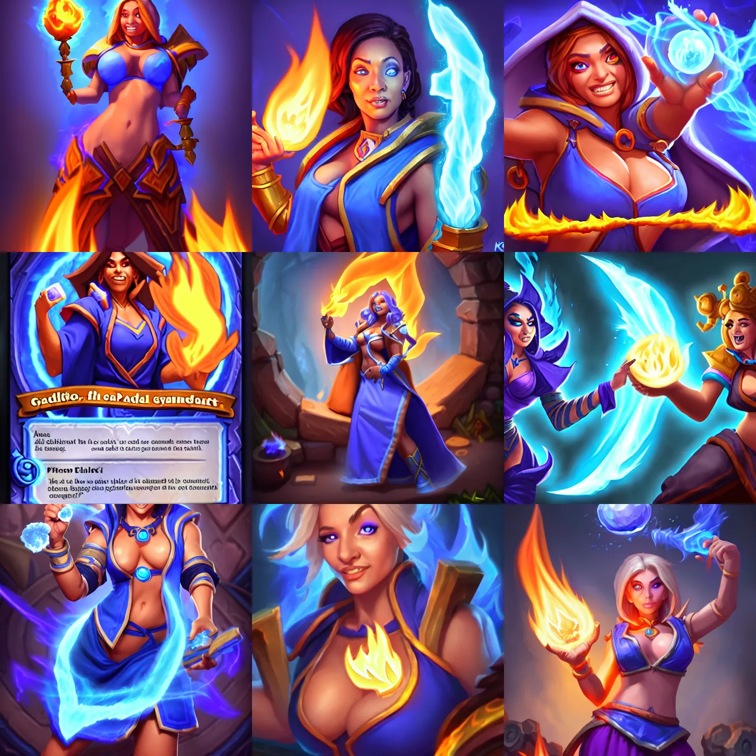 Prompt: Who : a mage with a blue robe casting a fire ball; Physical : Ella Knox & Beverly Paige exact same body ; IMPORTANT : Hearthstone official splash art, award winning, trending on Hearthstone characters art