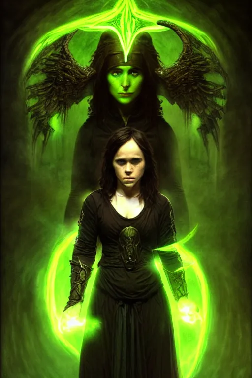 Prompt: ellen page as a dark sorceress with yellow glowing eyes casting a green spell, green lighting, fantasy character portrait, ultra realistic, concept art, intricate details, highly detailed by james bama, william adolphe bouguereau and frank frazetta