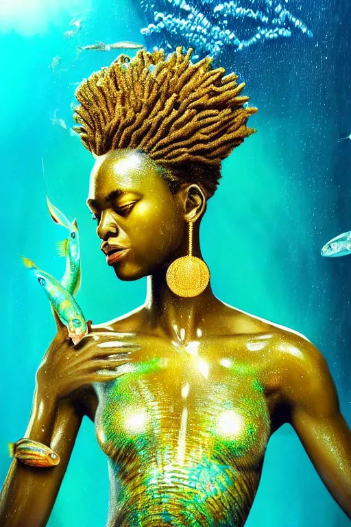 Image similar to hyperrealistic precisionist cinematic very expressive! translucent!! african goddess, full body, underwater scene with fish and algae, gold jewerly, highly detailed face, digital art masterpiece, eric zener cam de leon, dramatic pearlescent turquoise light on one side, long shot, low angle uhd 8 k, shallow depth of field