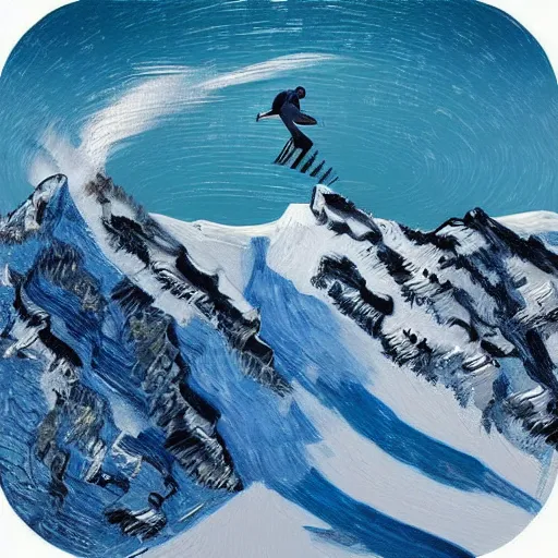 Prompt: “skier skiing down a steep mountain face , deep powder, aerial drone footage from far away, photo realistic, style of Van Gogh”