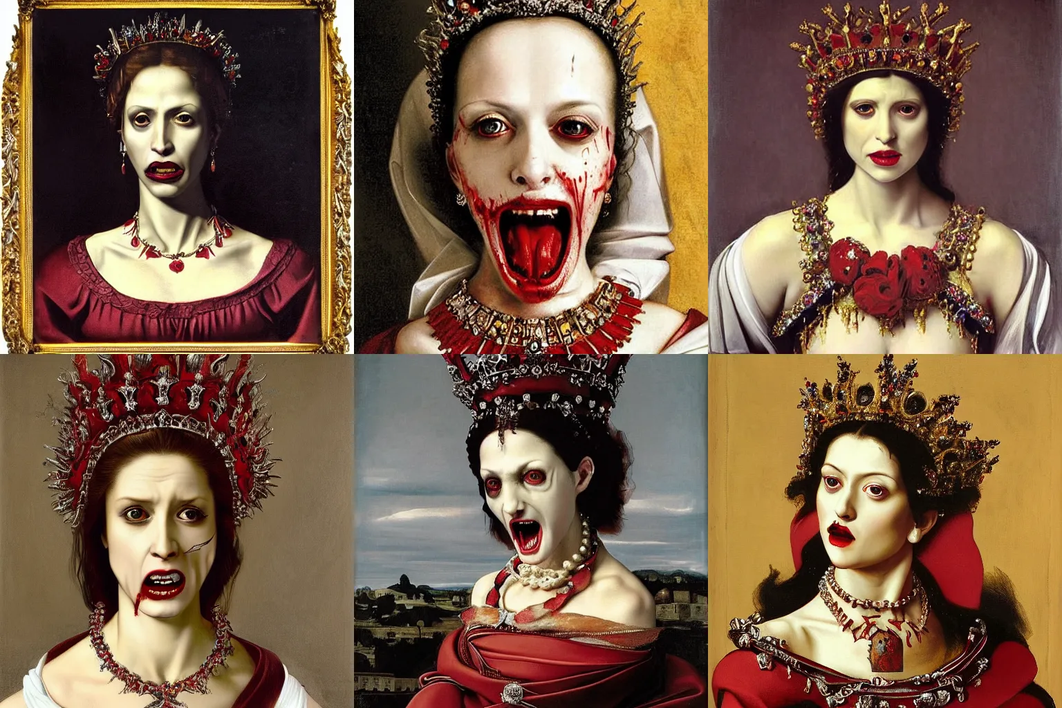 Image similar to A extremely highly detailed majestic hi-res beautiful immaculate head and shoulders painting of a angry, bloody vampire woman with fangs, filled with hatred and rage, crying tears of red blood wearing a long royal red silk dress, the crown jewels is on her head and around her neck is a ornate golden necklace decorated with diamonds and rupees smiling by Michelangelo Merisi da Caravaggio, high detail, hyperrealistic, photorealistic, octante render, cinematic, high textures, royaltly, royal, hyper sharp, 4k insanely detailed and intricate, hypermaximalist, 8k, hyper realistic, super detailed, 4k HDR hyper realistic high,