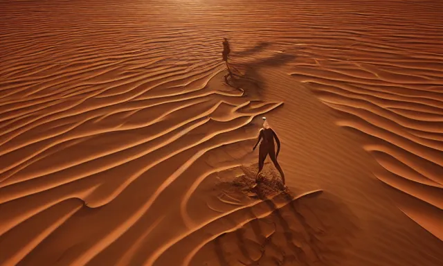 Prompt: a man made of water walking in the sahara, photorealistic, cinematic lighting, 8 k, extremely detailed