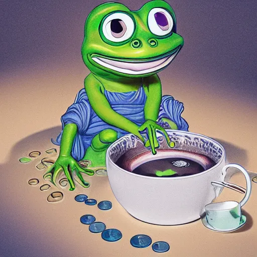 Image similar to plasticine wet shiny angle, crystal, moonlit, mirrors, camera angled dramatically, realistic, a hyperdetailed design of pepe the frog drinking coffee, wearing blue shirt, ferocious, chinese mythology, victo nga, fumo yoshitoshi, ren jing jeong, feifei ruan, peter mohrbacher, takato yamamoto