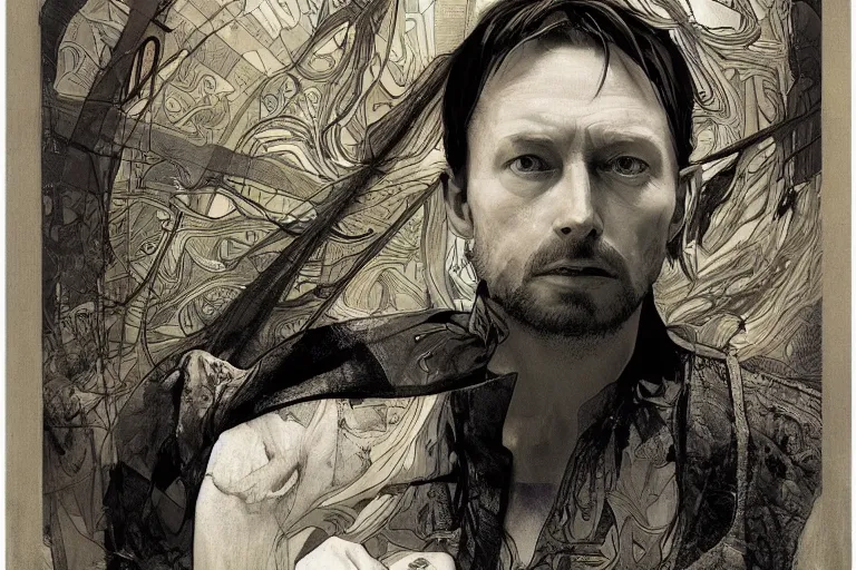 Image similar to hyper realistic portrait of thom yorke singer songwriter, side, liminal space, by lee bermejo, alphonse mucha and greg rutkowski