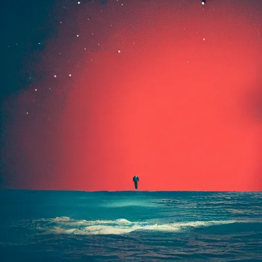 Image similar to an astronaut emerging from an ocean of red water, otherwordly sky, cinematic shot, 35mm, photography, High definition, 8k, detailed, deprh of field, photorealistic, epic atmosphere