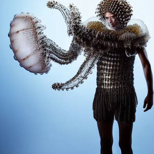 Prompt: a portrait of a beautiful young male wearing an alexander mcqueen armor made of jellyfish , photographed by andrew thomas huang, artistic