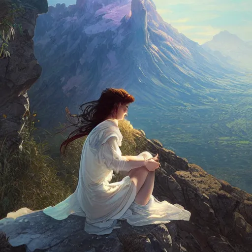 Prompt: a girl sitting on the edge of a mountain, looking at the distance, epic scale, intricate, headshot, highly detailed, digital painting, artstation, concept art, sharp focus, cinematic lighting, illustration, art by artgerm and greg rutkowski, alphonse mucha, cgsociety