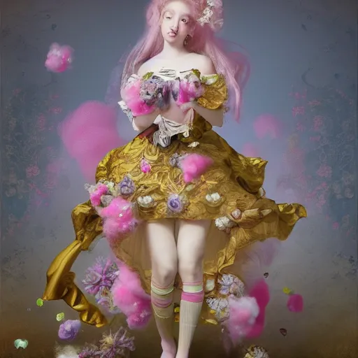 Image similar to 8 k, octane render, realism, tonalism, renaissance, rococo, baroque, portrait of a young - lady wearing long - harajuku manga - dress with flowers and skulls, cotton candy!! ( background chaotic gold leaf flowers )