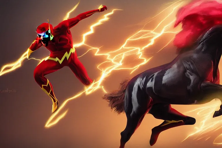 Image similar to a stunning digital painting of a horse as the flash in spandex costume, running in the speedforce by greg rutkowski, volumetric light, digital art, fine detail, photorealistic