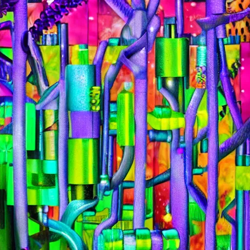 Image similar to lush enchanted forest interlocking with machines by salome totladze, bursts of color, beautiful, neon