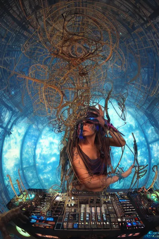 Image similar to a fisheye lens photo of a post apocalyptic tribal dj tweaking and playing synthesizers in the most complicated and technical spiral fractal musical studio, powerful, cinematic, beautifully lit, by donato giancola, by artgerm, by karol bak, 3 d, perfect face and body, trending on artstation, octane render, 8 k