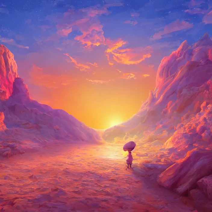 Image similar to desert made from icecream and candies, caramel colorful sun, luminescent sky, handsome, intricate, detailed, volumetric lighting, scenery, digital painting, highly detailed, artstation, sharp focus, illustration, 8 k, hyper realistic, magic world, cartoon