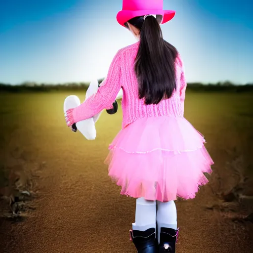 Image similar to young girl with dark hair, two ponytails, wears boots, next to her is a pink pony with a hat, photo taken by nikon, sharp focus, highly detailed, studio lightning, 4 k