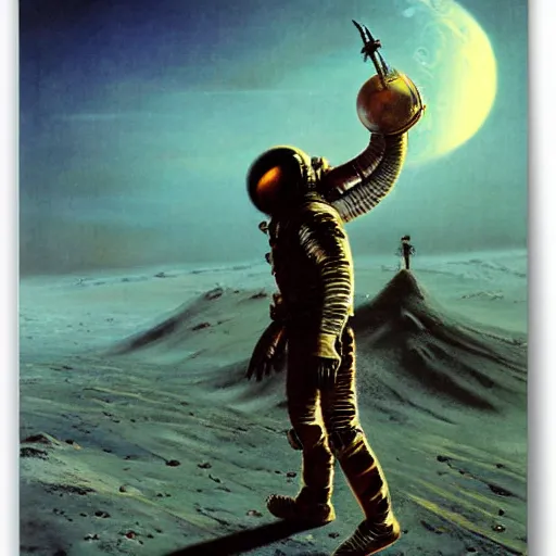 Image similar to crusader standing on the moon, vintage sci - fi art, by bruce pennington