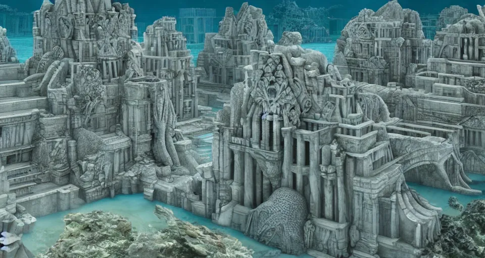 Image similar to the lost city of Atlantis, underwater, from afar, fully built buildings, white marble, hyper detailed, 4K