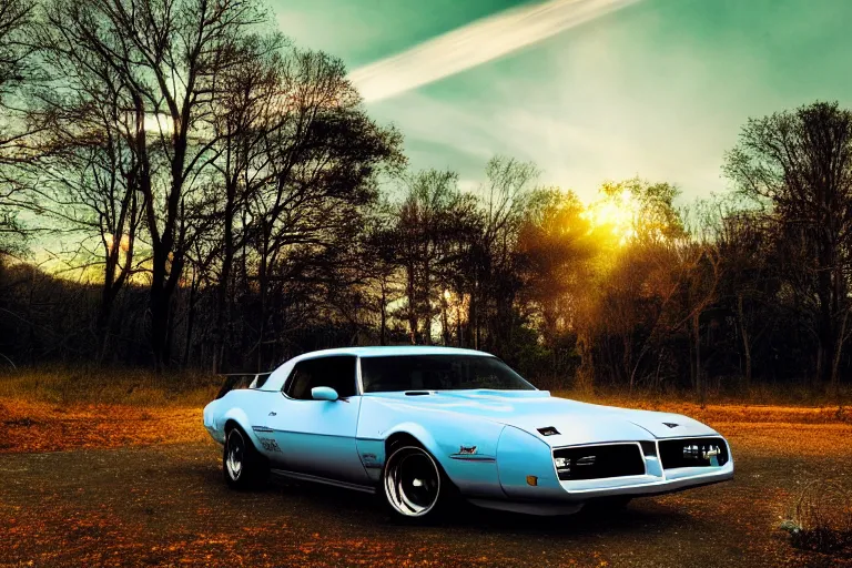 Image similar to pontiac firebird with grafitti tag on side, sunrise, dramatic, cinematic, forest, sunbeams, volumetric lighting, wide shot, low angle