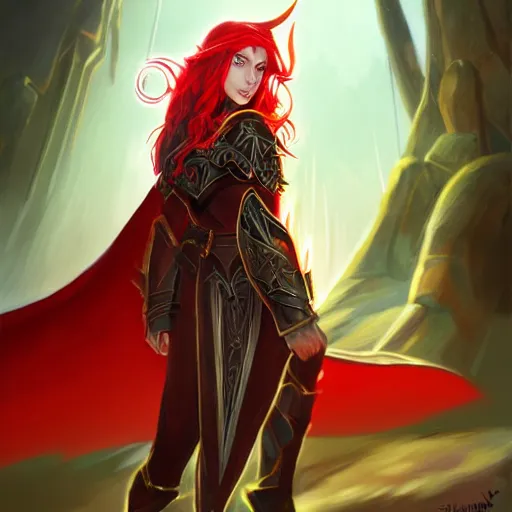 Image similar to a female elven cleric with red long hair, very good beautiful heavy scale armor, wearing a cape, casting a fire spell, dungeon background, magical, bright, colorful, fantastic lighting, amazing details, 4 k uhd, illustration by stephanie brown and mingchen shen and ilya kuvshinov, artstation, pixiv, concept art,