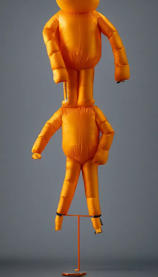 Prompt: a single striding slender figurine of a tall giant inflated hazmat man wearing over sized gold teal puffy bomber jacket, long bendy arms and legs, googly eyes, tareme eyes, small head, personification, dynamic pose, detailed product photo, tone mapped, beautiful composition, orange mist swirling at feet, 8 5 mm, f 5. 8