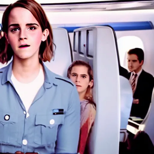 Image similar to emma watson, inside airplane, film still, instagram,