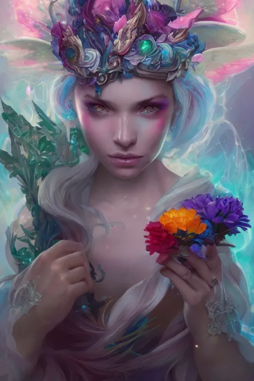 Image similar to face closeup beautiful girl wizard covered with rainbow and ice, holding flowers and casting magic spell, angel, storm and thunder clouds, fantasy, magic the gathering, hyper detailed, 3 d render, hyper realistic detailed portrait, peter mohrbacher