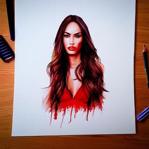 Image similar to “Beautiful Megan Fox Red pencil paintings, red white colors, ultra detailed portrait, 4k resolution”