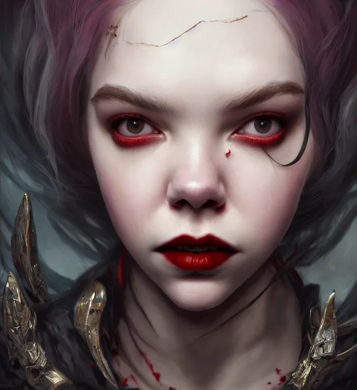 Prompt: anya taylor - joy vampire queen, hyper detailed, digital art, trending in artstation, cinematic lighting, studio quality, smooth render, unreal engine 5 rendered, octane rendered, art style by klimt and nixeu and ian sprigger and wlop and krenz cushart