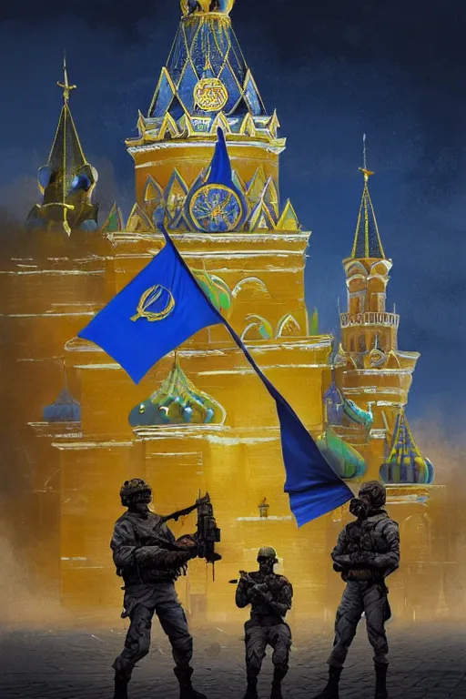 Prompt: special forces soldier installin ukrainian blue and yellow flag on red square kremlin, masculine figure, d & d, fantasy, bright atmosphere, volumetric lights, intricate, elegant, extremely detailed, digital painting, artstation, concept art, matte, smooth, sharp focus, hyper realistic, illustration, art by artgerm and greg rutkowski and alphonse mucha