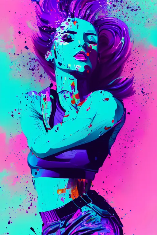 Image similar to a award winning half body porttrait of a beautiful woman in a croptop and cargo pants with ombre purple pink teal hairstyle with head in motion and hair flying, paint splashes, splatter, outrun, vaporware, shaded flat illustration, digital art, trending on artstation, highly detailed, fine detail, intricate