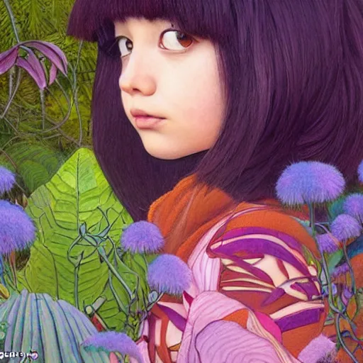 Image similar to real girl dora the explorer, exterior botanical garden, portrait face, colorful, frantisek kupka, intricate, miles johnston, kuroda seiki, cynical realism, ozabu, john william godward, painterly, yoshitaka amano, moebius, miles johnston, louise zhang, james jean, mark ryden lowbrow pop surrealism art style