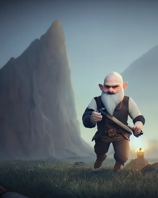 Prompt: bald gnome big white beard, dagger, bomb, running, field, angry, hyper realism, cinematic, volumetric lighting, high detail, octane render, unreal engine, 8 k, depth of field, concept art, dnd, digital art, deviantart artstation, extremely detailed, very sharp, in the style of greg rutkowski