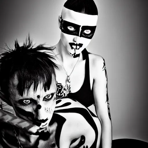 Prompt: zeff black and white photoshoot die antwoord ninja