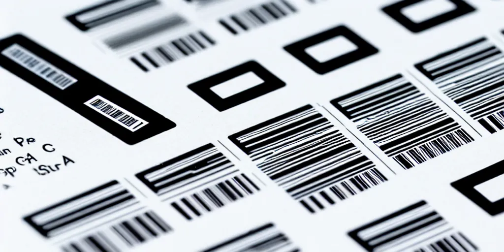 Image similar to a detailed futuristic shipping label with multiple sections for a barcode and built in chip centered on a white background