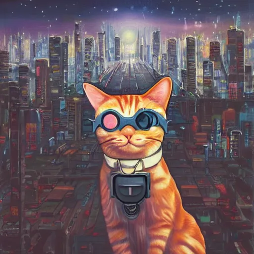 Image similar to a painting of a cat wearing goggles with a city in the background, cyberpunk art by hikari shimoda, trending on artstation, panfuturism, dystopian art, circuitry, sci - fi