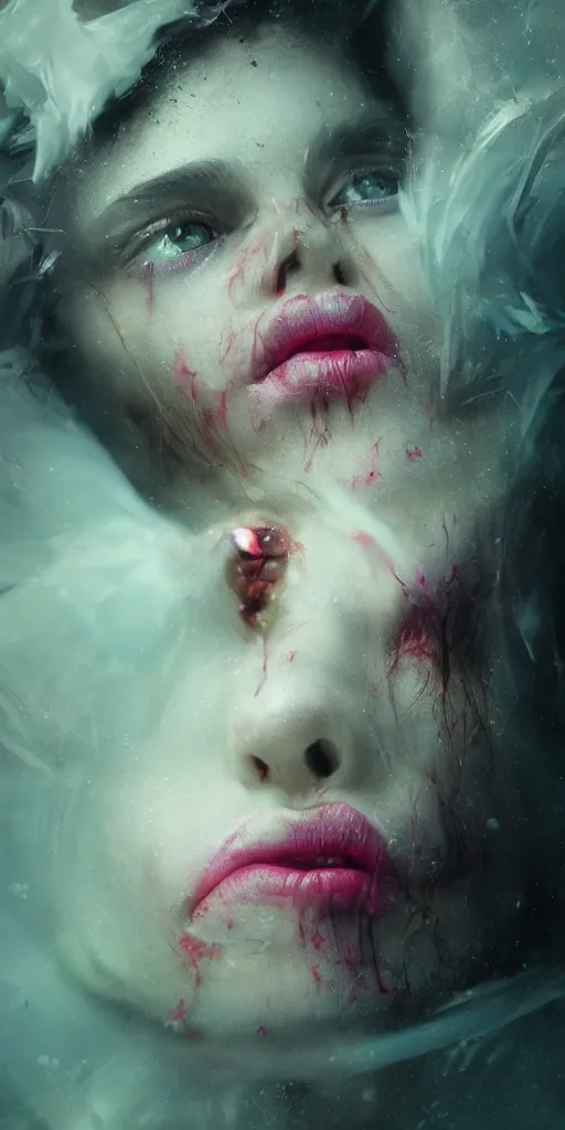 Image similar to shot of sinister girl with pouty aerochrome lips, fungal, adorable, expressive eyes, playful pose of a dancer, greg rutkowski, charlie bowater, yuumei, stephen gammell, unreal 5, daz, hyperrealistic, octane render, dark, dynamic lighting, fantasy art, beautiful face