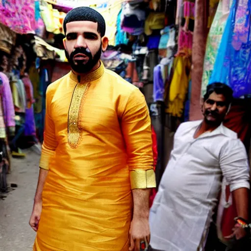 Prompt: drake wearing a colorful silk kurta, mumbai marketplace scene