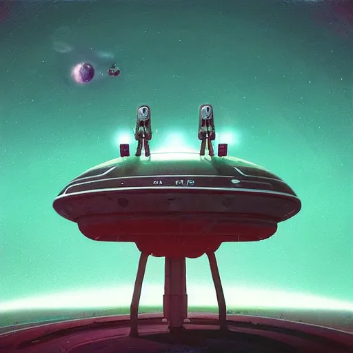 Prompt: “A spaceship hovering above a strange alien planet by Simon Stalenhag, 8k, highly detailed, trending on artstation”