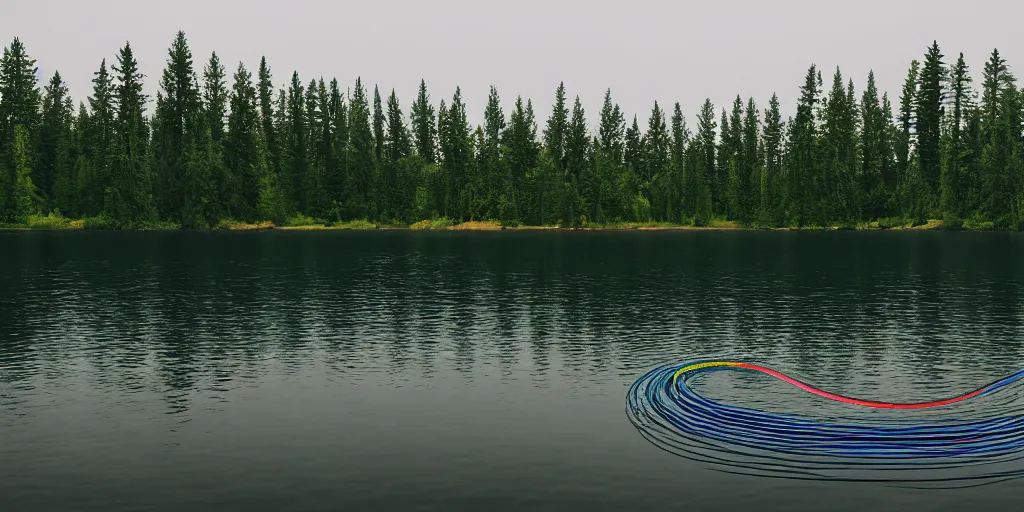 Image similar to centered colored photograph of a long rope snaking across the surface of the water, stretching out towards the center of the lake, a dark lake on a cloudy day, trees in the background, anamorphic lens