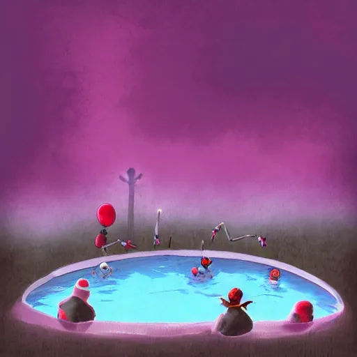 Image similar to Clowns chilling out by the pool. The sky is red and the water is purple. They are surrounded by orcs. DeviantART image.